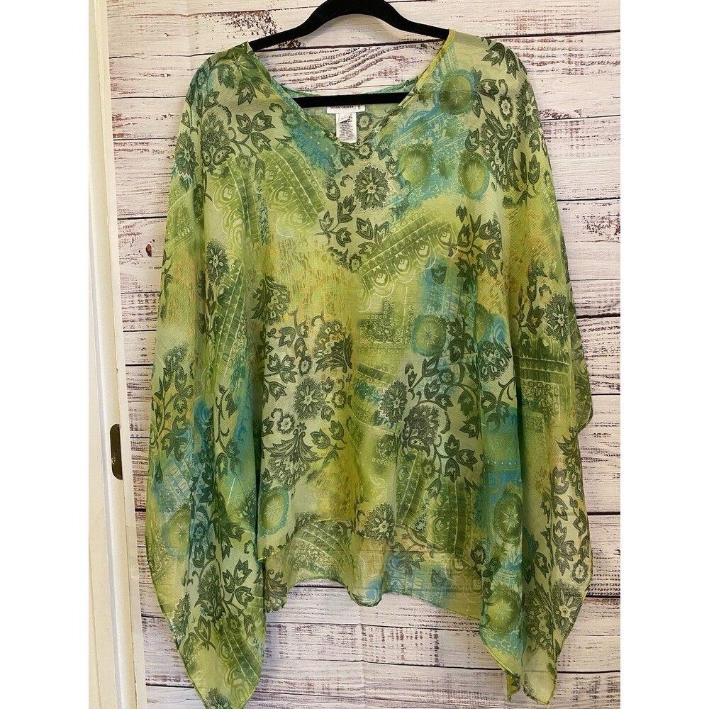 SUSAN GRAVER STYLE L SHEER PULLOVER TOPPER KIMONO GREENS CAPE SEWED SIDES BOHO